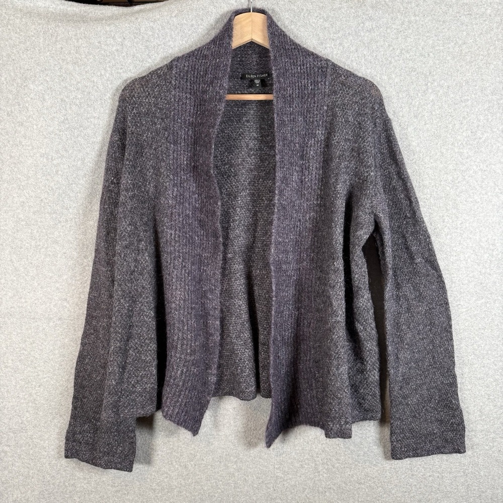 Eileen Fisher Cardigan Womens Medium Purple Gray‎ Mohair Wool Open Knit Sweater